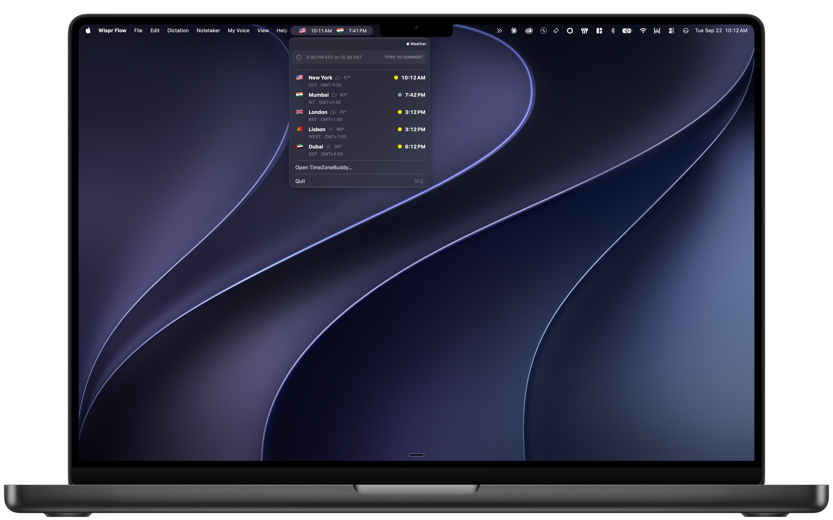TimeZoneBuddy+ menu bar dropdown showing New York, Mumbai, London, Lisbon, and Dubai with local times and weather
